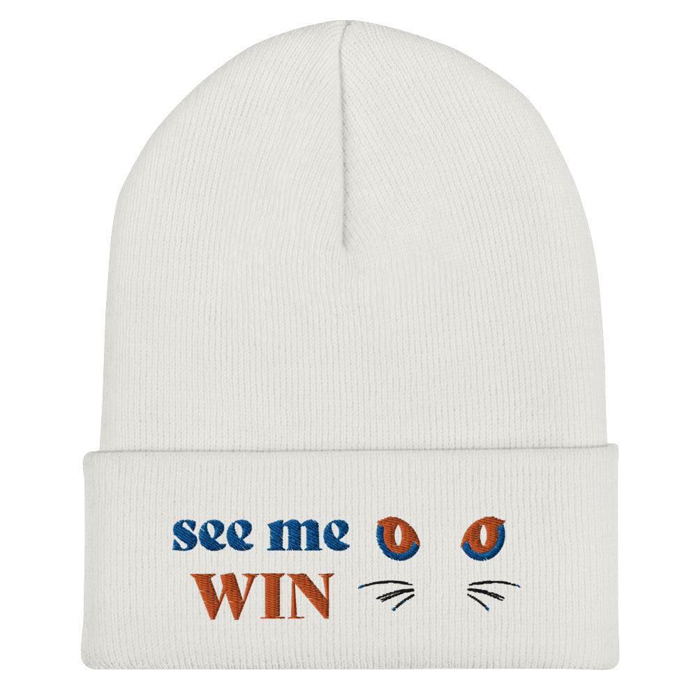 White Cuffed Beanie See Me Win Embroidery - ErdeGora