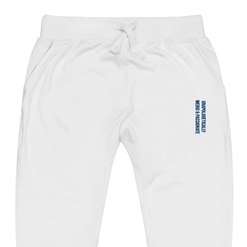 detailed middle for the white unisex fleece sweatpants with the blue embroidered text unapologetically weird and passionate