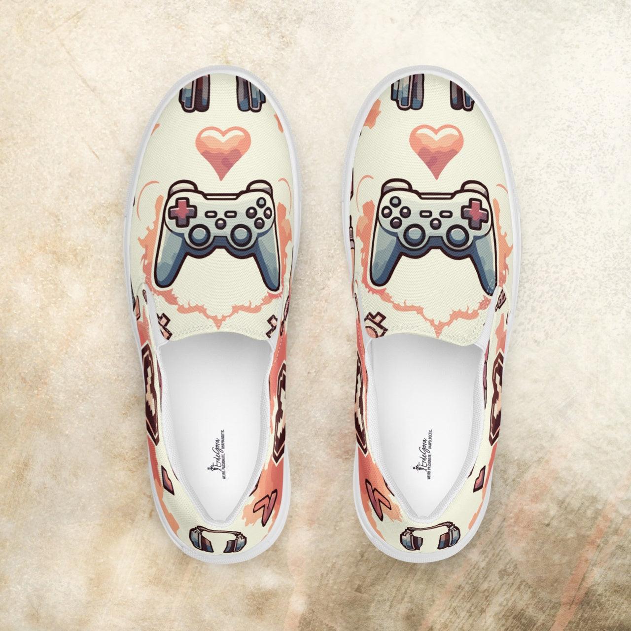 Top view of Women’s Slip-On Canvas Shoes in Gamer Love, featuring a playful pattern of game controllers and hearts with a comfortable design.