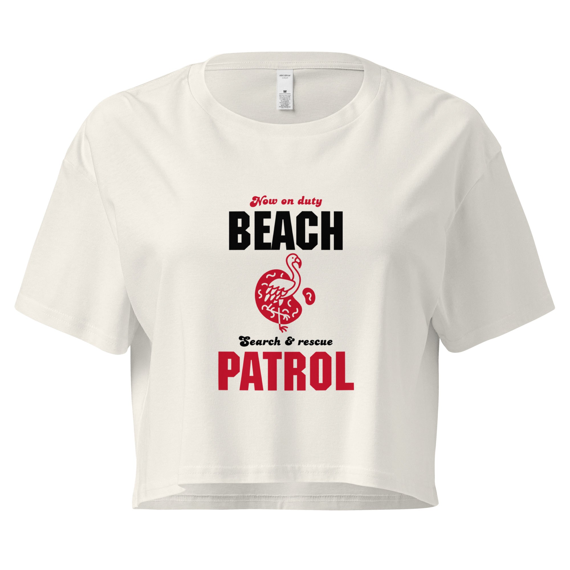 White ecru  t-shirt with 'Beach Patrol' text and graphic on a white background and flamingo in red 