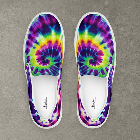 Top view of Women’s Slip-On Canvas Shoes in Rainbow Swirl, showcasing a vibrant tie-dye pattern and comfortable design.