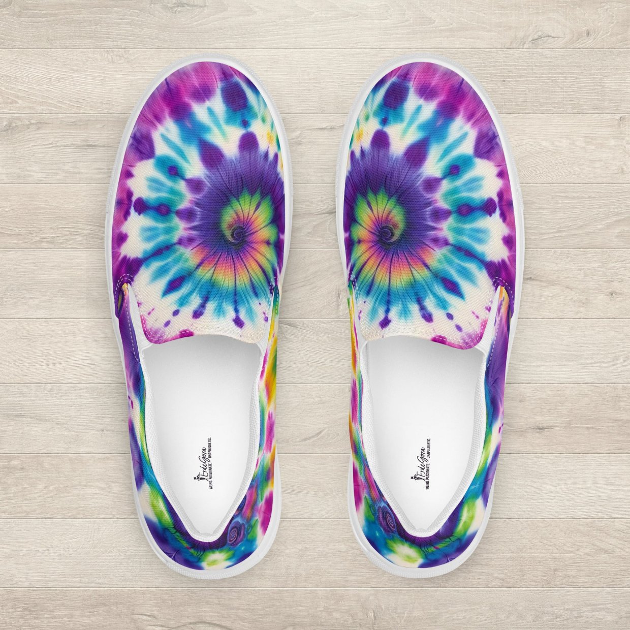 Top view of Women’s Slip-On Canvas Shoes in Tie-Dye Bliss, showcasing the vibrant tie-dye pattern and comfortable design.