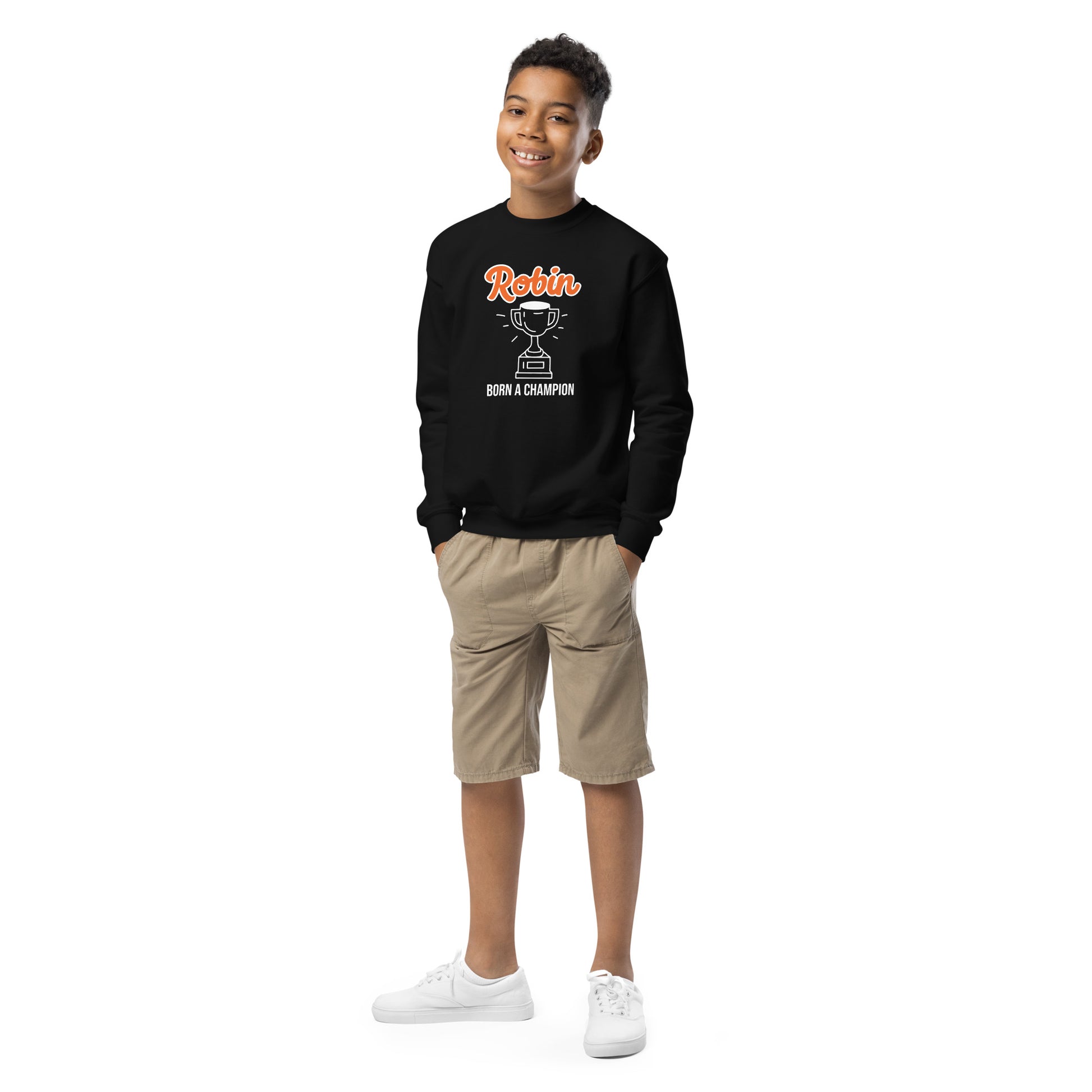 Youth Crewneck Sweatshirt Robin Born a Champion, Customizable Text - ErdeGora