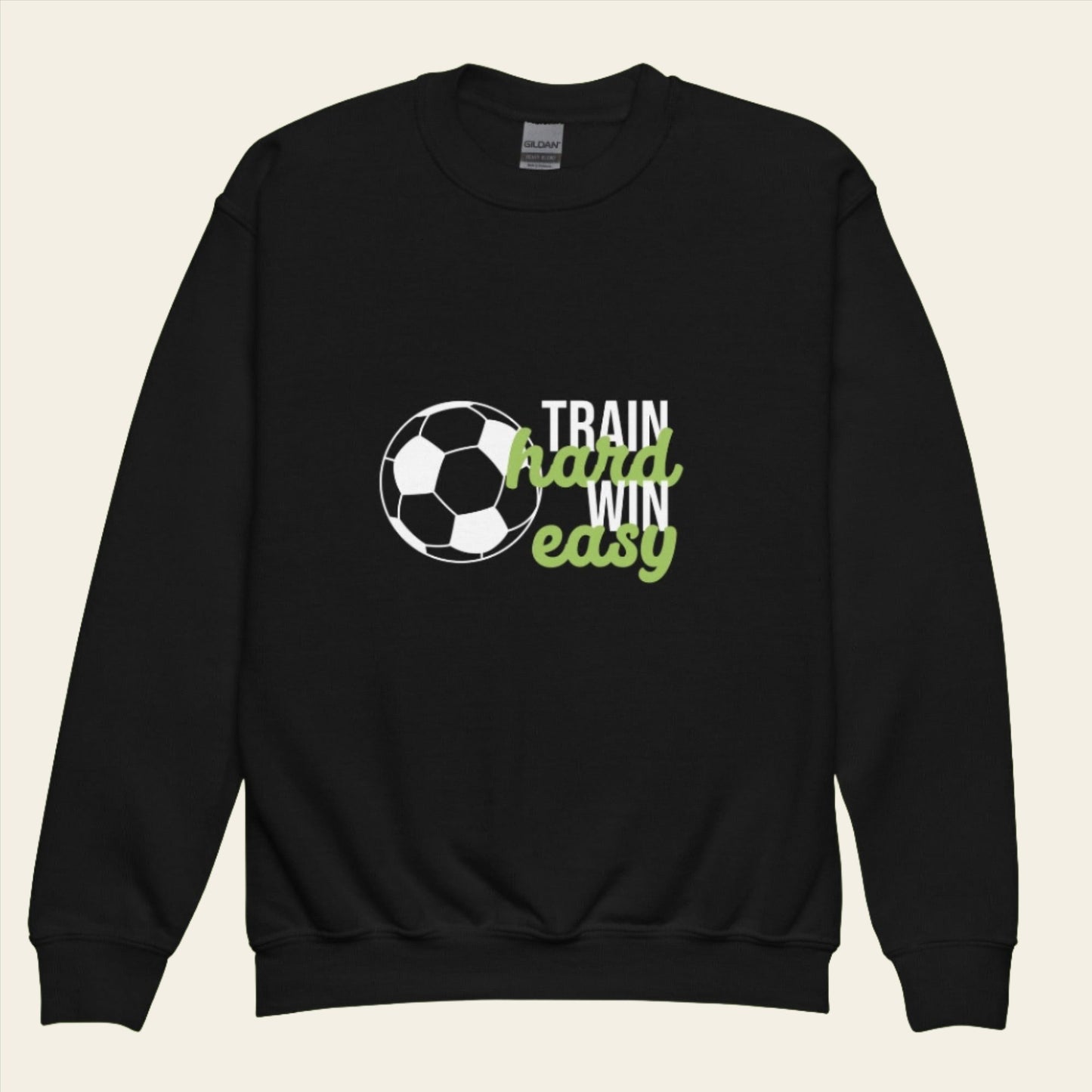 flat lay of a black sweatshirt with simple football design and text train hard win easy